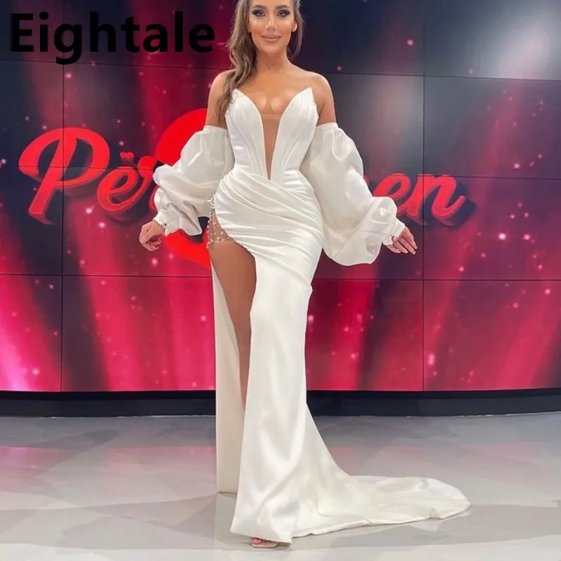 

Женское атласное платье с юбкой-годе, разрезом и рукавами-фонариками