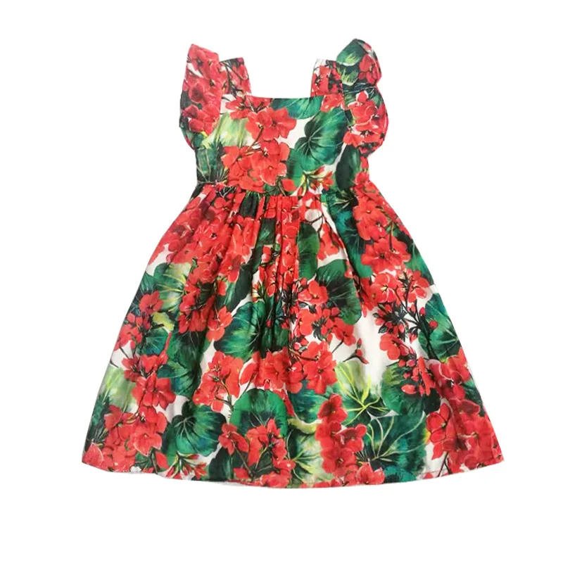 

JICUSYAN New Spring Summer Girls Printed Flying Sleeve Sicily Style Children Dress