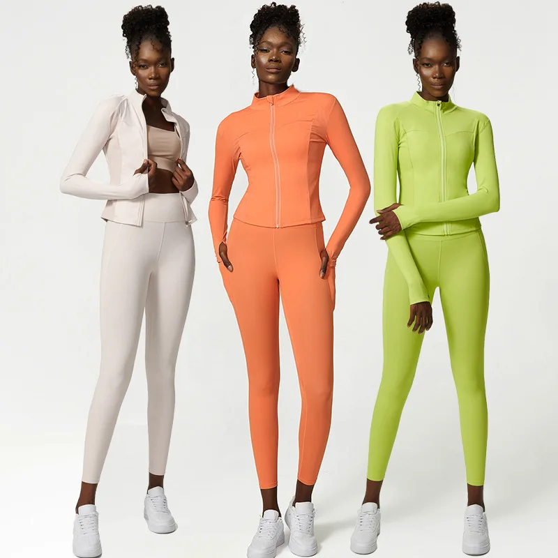 2Pcs Sports Set Women Solid Stretchy Yoga Set Suit Zipper Long Sleeve Shirt High Waist Long Johns Breathable Workout Gym Clothes