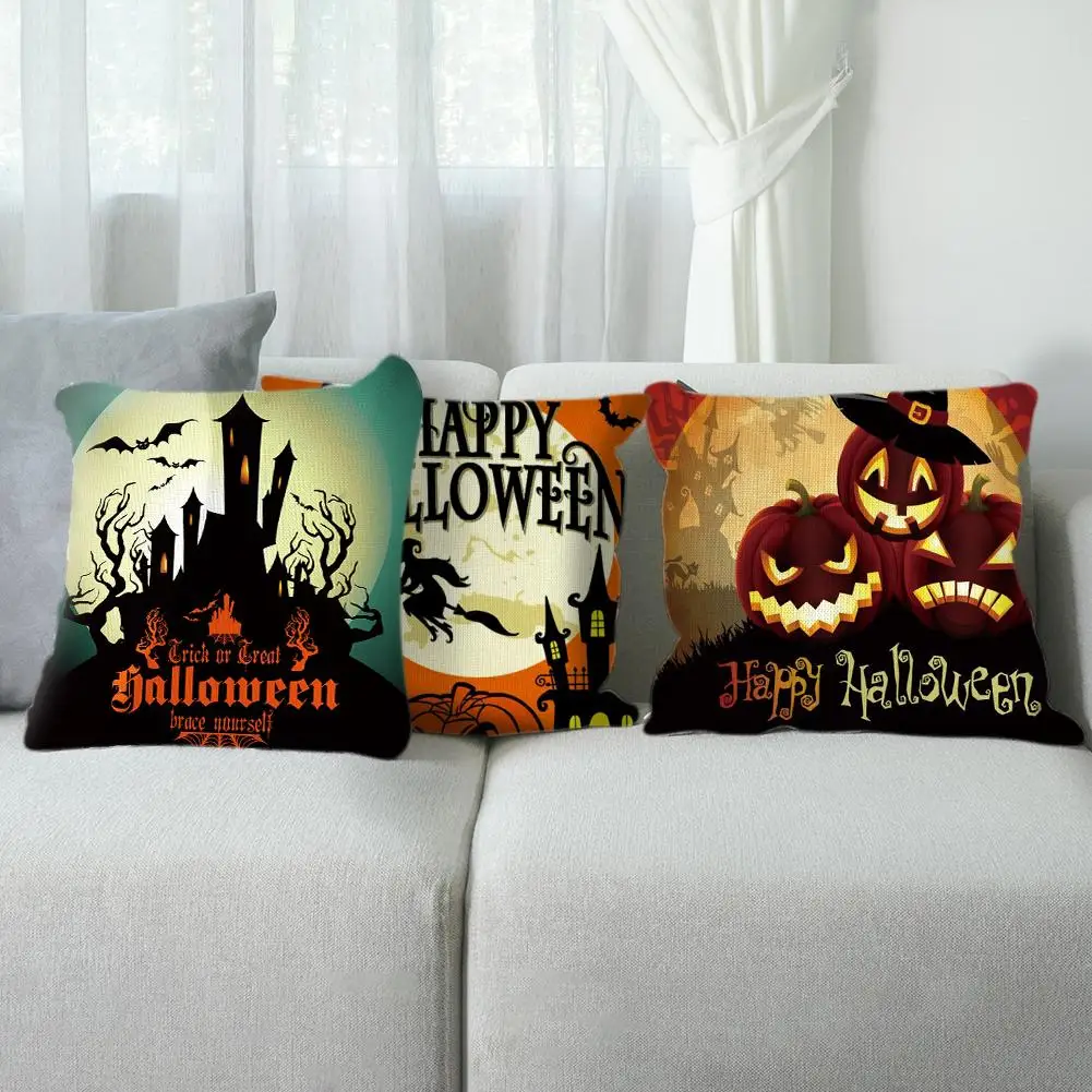 

Classic Colourful Happy Halloween Cushion Cover Easy to Clean Strong Sense of Art Pumpkin Castle Pattern Decorative Pillow