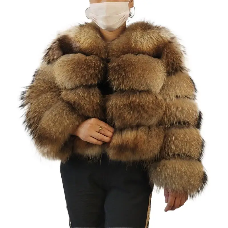 

Real Raccoon Silver Fox Fur Coat Plus Size Clothes Natural Winter Women Round Neck Warm Thick New Style Plus-Size