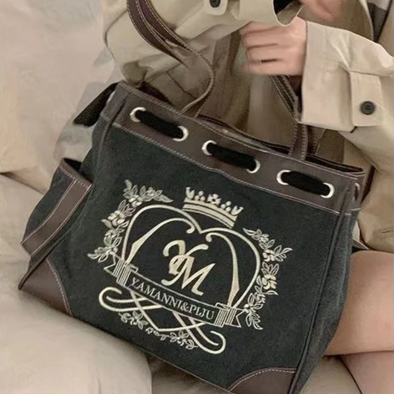 

Xiuya Trendy Vintage Shoulder Bag for Women Letters Heart Embroidery Handbag 2023 New Large Capacity Fashion Designer Handbag