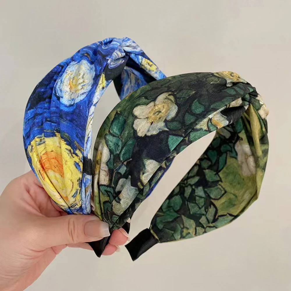 

Vintage Oil Painting Cross Knot Hairband Women Wide Side Headband Colorful Starry Sky Hair Accessories New Arrivals Hair Hoop