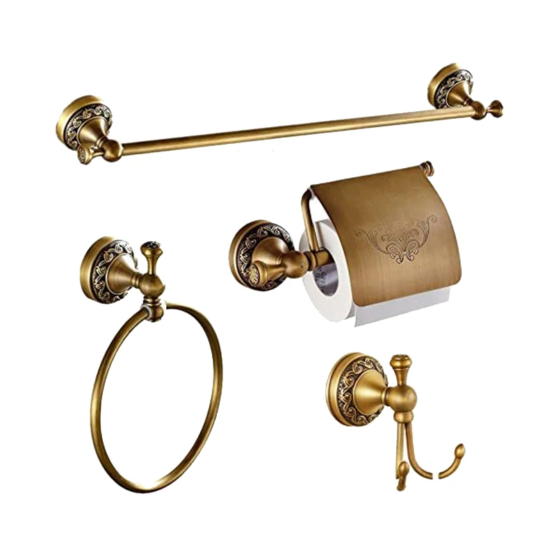 

Antique Brass Bathroom Accessories Set Wall Mounted 4-Piece (Toilet Paper Holder/Robe Hook/Towel Bar/Towel Rings)