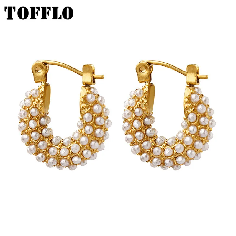 

TOFFLO Stainless Steel Jewelry Pearl Like U-Shaped Handbag Shaped Earrings Women's Elegant Earrings BSF277