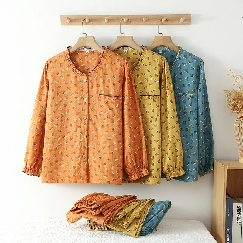 

Women's Pajamas Long-Sleeved Trousers Suit Fashion Print Cardigan Button Home Service Nightwear Soft Sleepwear Female