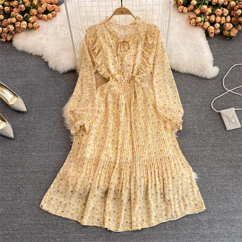 

2022 Spring Sweet Ruffle Collar Chiffon Floral Pleated Dress High Waist SlimRetro Print Long Dress Elegant Women Clothing H255