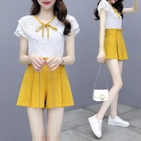 casual womem wide legged pants summer lace shorts set short sleeve shirt tops and shorts suit 2022 new two piece set