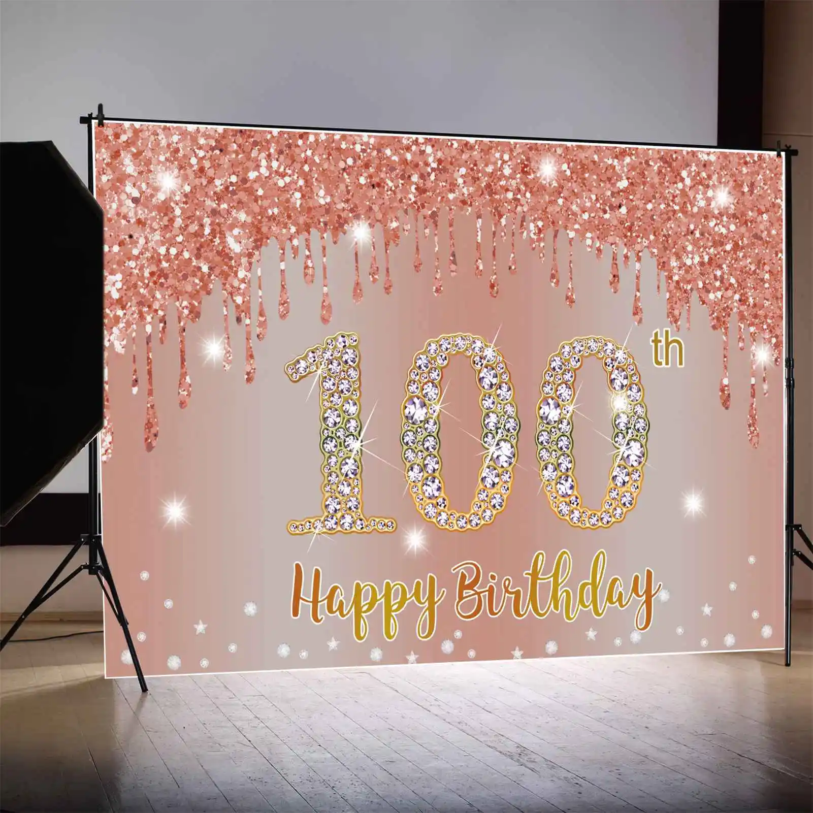 

MOON.QG Photography Background Pink Glitter Customized Happy Birthday Backdrop Banner Props 100th Diamond Party Wall Photo Booth