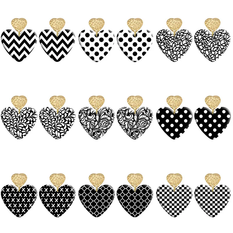 

Black And White Line Love Acrylic Heart Hook Earrings For Women Piercing Ear Drop Dangle Jewelry R2120