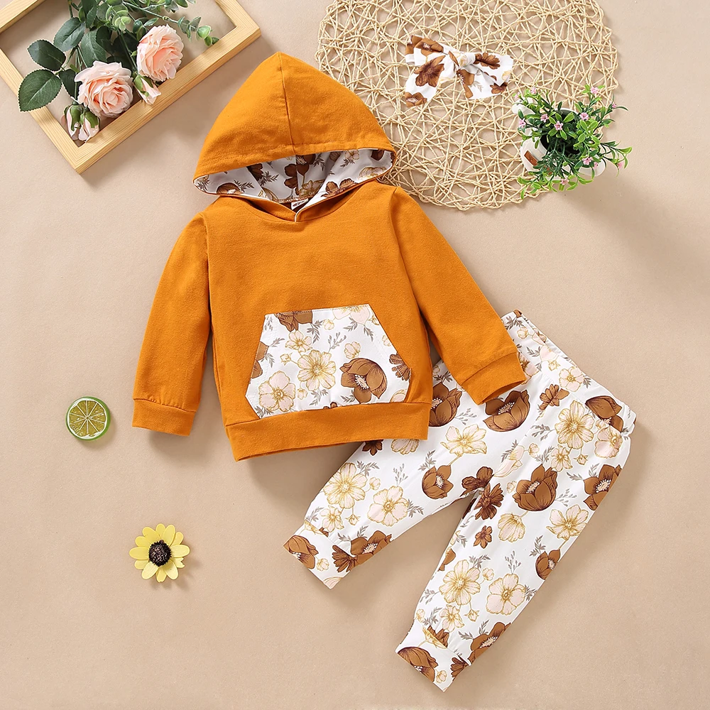 The Latest Hooded Girls' Sweater Set in 2022 Winter, Pure Cotton, Flower Pattern Pants, Suitable For 3-24 Month Old Baby Girls