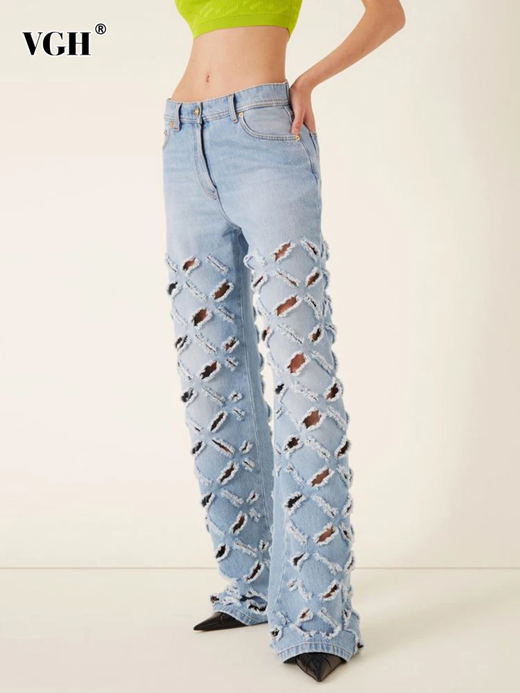 

Женские джинсы с вырезами VGH, повседневные свободные широкие брюки из денима с высокой талией и карманами в стиле пэчворк, одежда для лета 2023