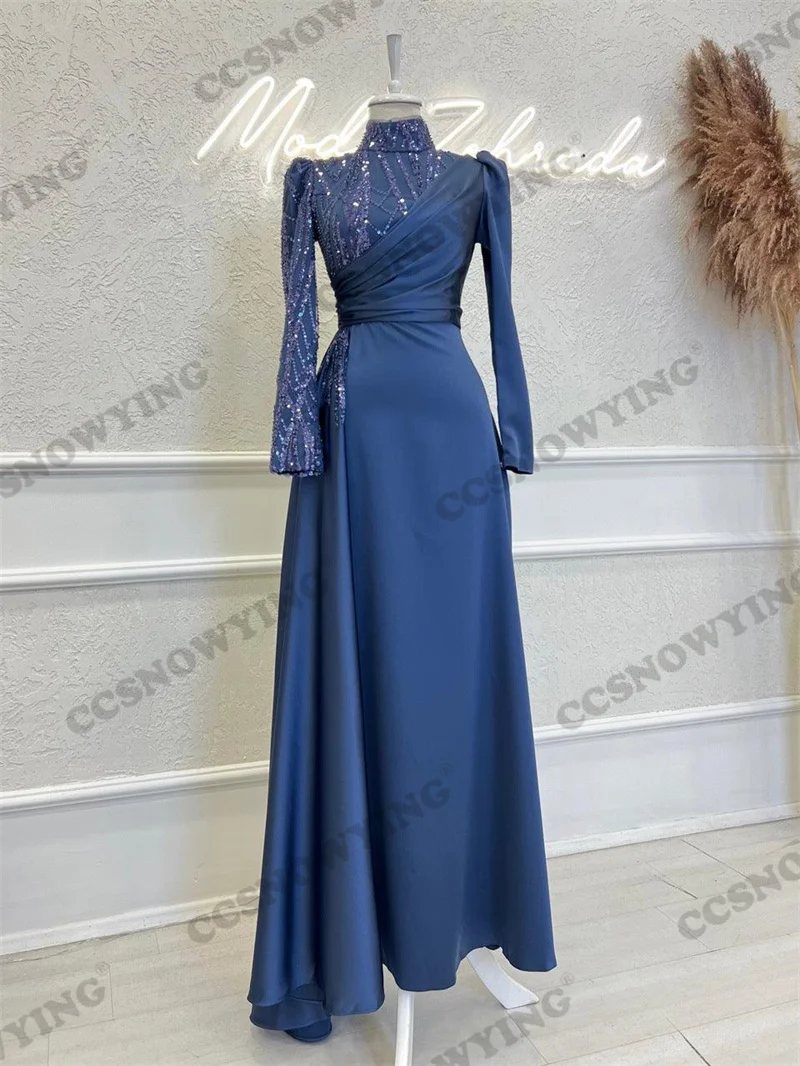 

Satin Long Sleeve Muslim Evening Dresses Appliques Beaded Islamic Formal Party Gowns High Neck Women Arabic Robes De Soirée