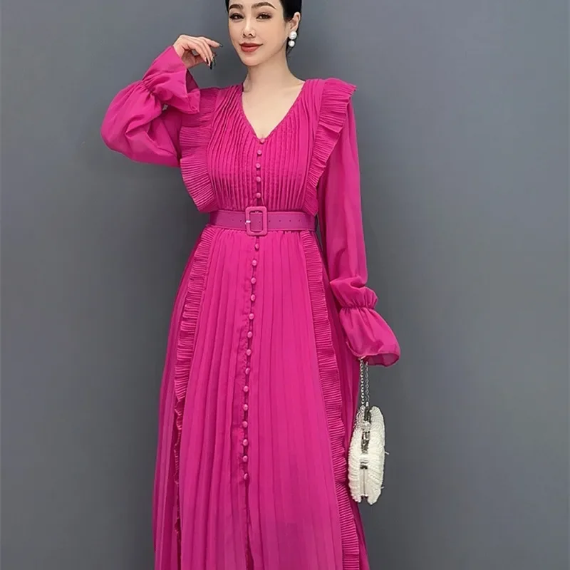 Элегантное платье-пуловер с V-образным вырезом Женское осеннее платье оборками