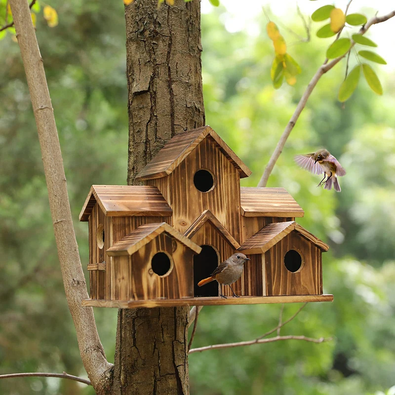 

Wooden Bird House 6 Holes Handmade Natural Bird House For Outdoor Backyard Patio Patio Decor Wooden House