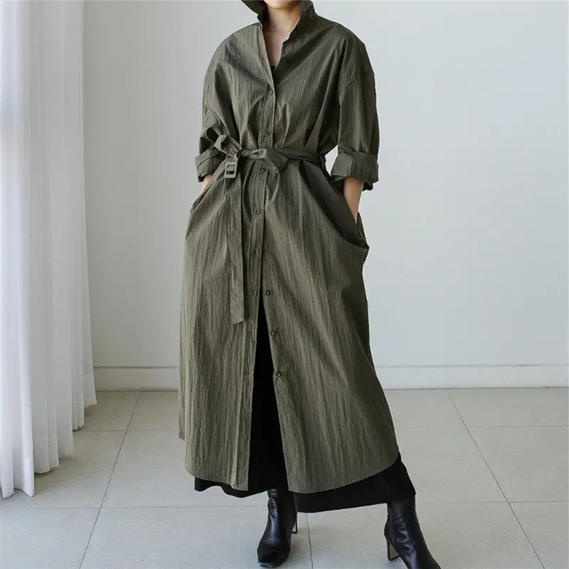 

Spring Autumn Loose Shirt Full Dress Lace Up Harajuku Women Long Sleeve Trench Coat Trendy Single Breasted Female Robes H2174