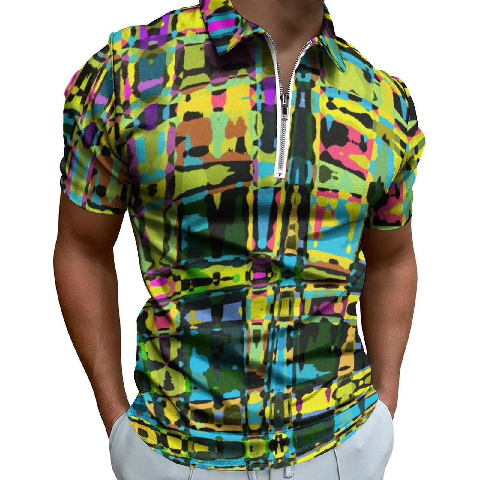 

Рубашка-поло мужская с абстрактным принтом, цветная Этническая Повседневная рубашка, уличная одежда на молнии, топ с коротким рукавом и графическим принтом, большие размеры, на лето