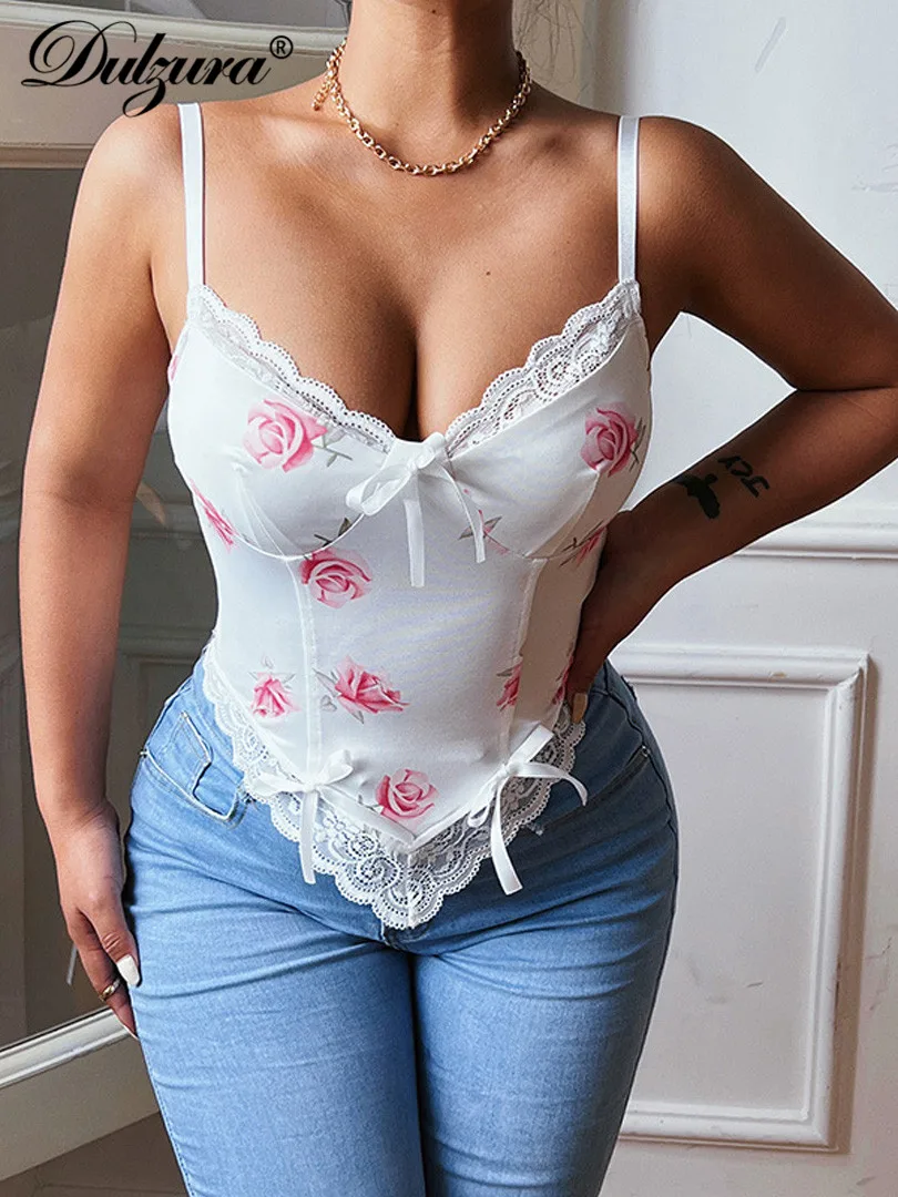 

Dulzura Floral Print Lace Patchwork Bow Women Strap Camis Corset Crop Top Sexy Sweet Party Festival 2022 Summer Kawaii Y2K Tops