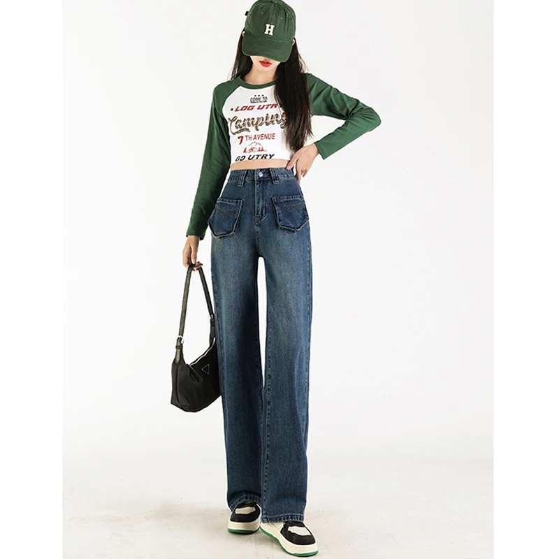 Real time photos of jeans female commuter pants spring and summer vintage blue pockets high waisted wide leg pants