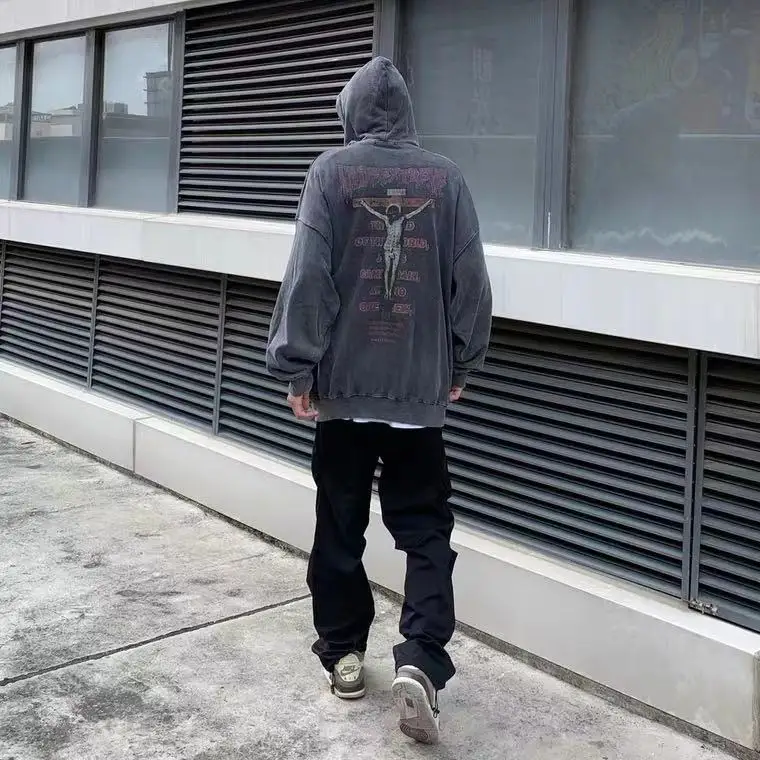 

Hip Hop Men Sweatshirt Hoodie Streetwear Jesus Letter Print Washed Pullover 2023 Autumn Harajuku Cotton Hooded Sweatshirt Black