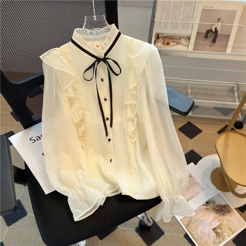 

Chiffon Women's Shirt Ruffle Fashion Casual Blouses O-Neck Ladies Clothing Spring/Summer Loose Long Sleeves Tops YCMYUNYAN