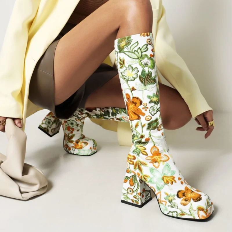 

2022 Winter knee length boots Printed cloth boots Women's fashion boots Size 35-43