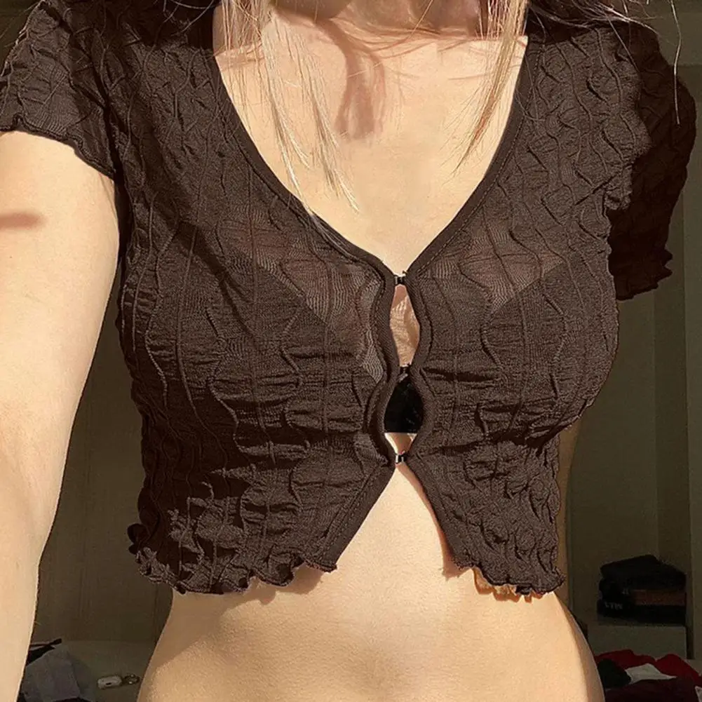 

Women Crop Top Aesthetic Y2K Ruffle Sheer Short Sleeve Sexy Top Hook Clasp Closure See-through Net Yarn Crop Cardigan Top