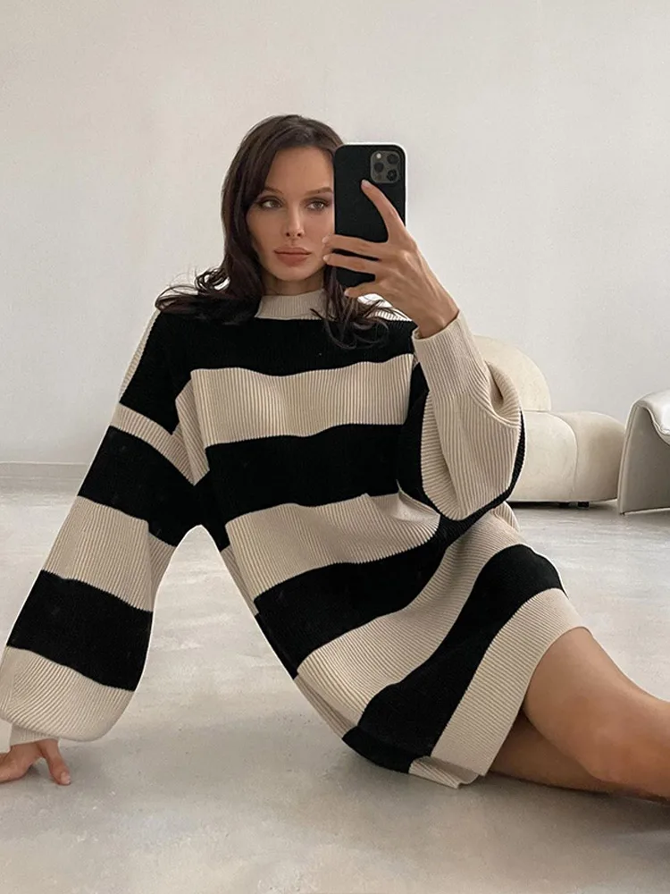 Fashion Patchwork Striped Women Sweater Dress Autumn Loose Crew Neck Batwing Long Sleeve Sweaters Female New Casual Lady Clothes