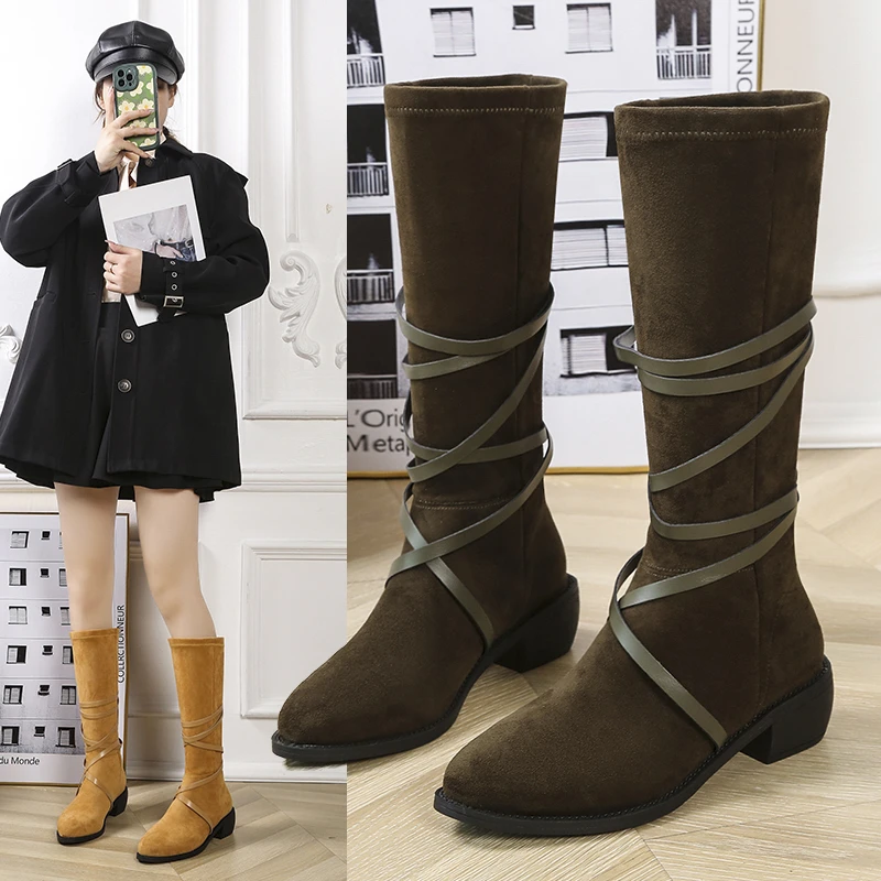 

2023 New Women Mid-Calf Boot Winter Shoes Ladies Fashion Snow Boots Shoes Suede Slope Heel Botas Zapatos De Mujer Free Shipping