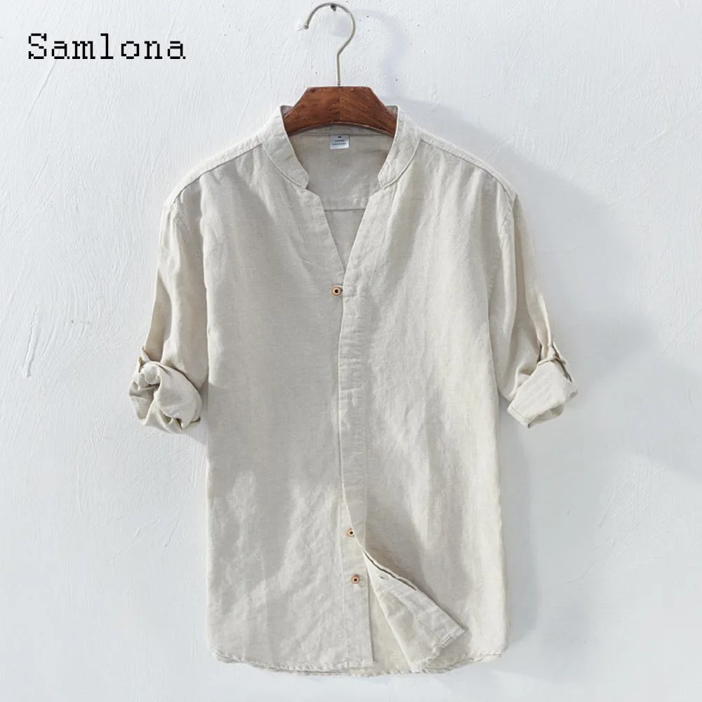 

Рубашка мужская из хлопка и льна, с воротником-стойкой