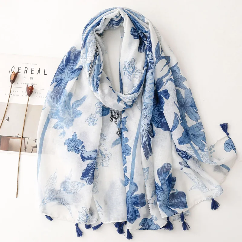 

Women Soft Large Shawl Elegant Painting Floral Scarf Viscose Hijab Stole Summer Protected Neckwear Head Scarf