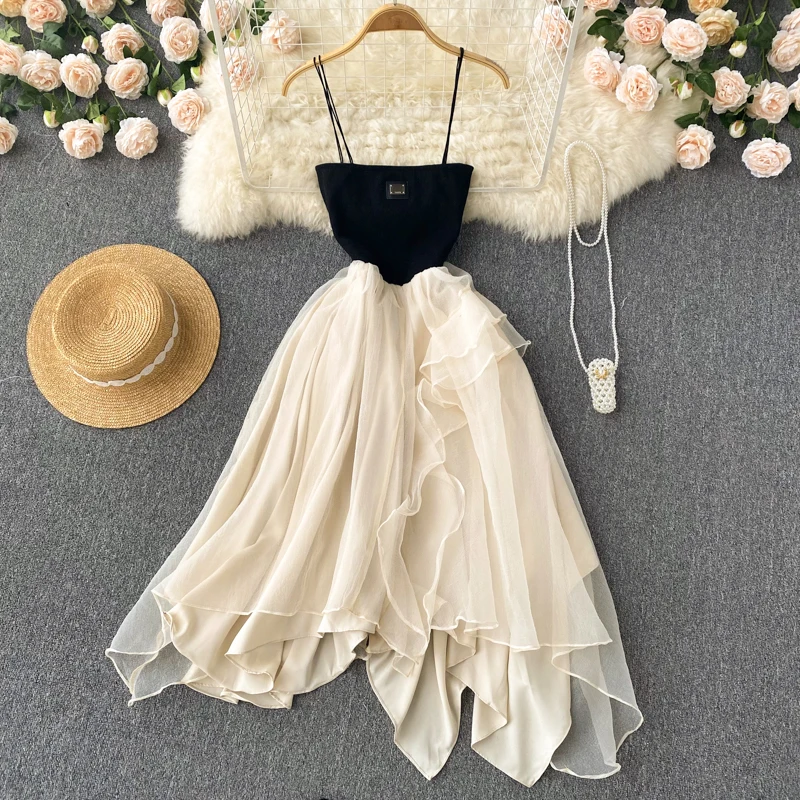 

2022 Summer New Gentle Wind Temperament Dress Irregular Mesh Large Swing Thin Chiffon Suspender Dress