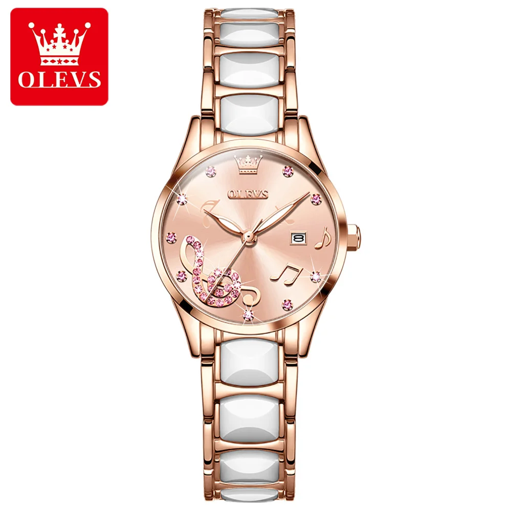 OLEVS 3605 Top Brand Women's Luxury Quartz Watches Rose Gold Elegant Ceramic Watchstrap Waterproof Luminous Japan Movement