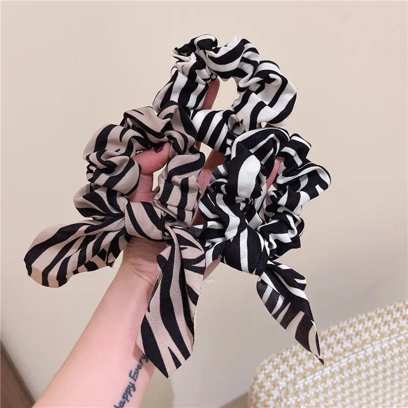 

New Chiffon Bow Streamers Hair Ring Knotted Scrunchie Women Ponytail Hair Ties Leopard Solid Color Rubber Band Hair Accessories