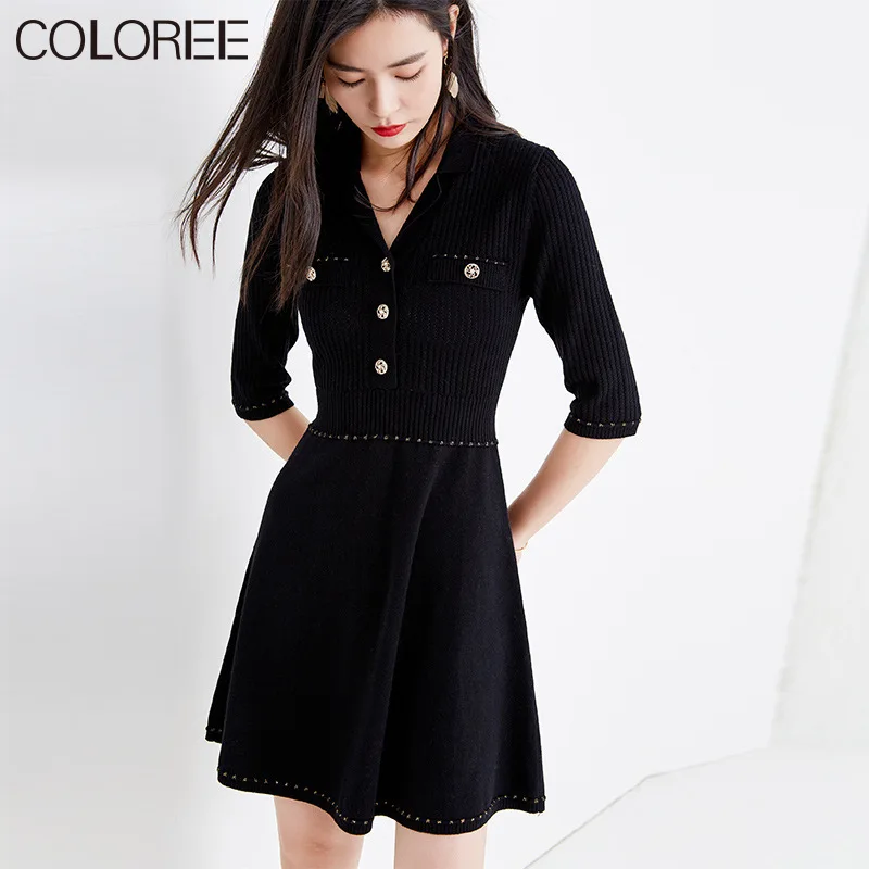 

Brand Designers Summer Clothes for Women 2022 Elegant V-neck Black Knitted Sweater Dress Female Vestidos De Fiesta
