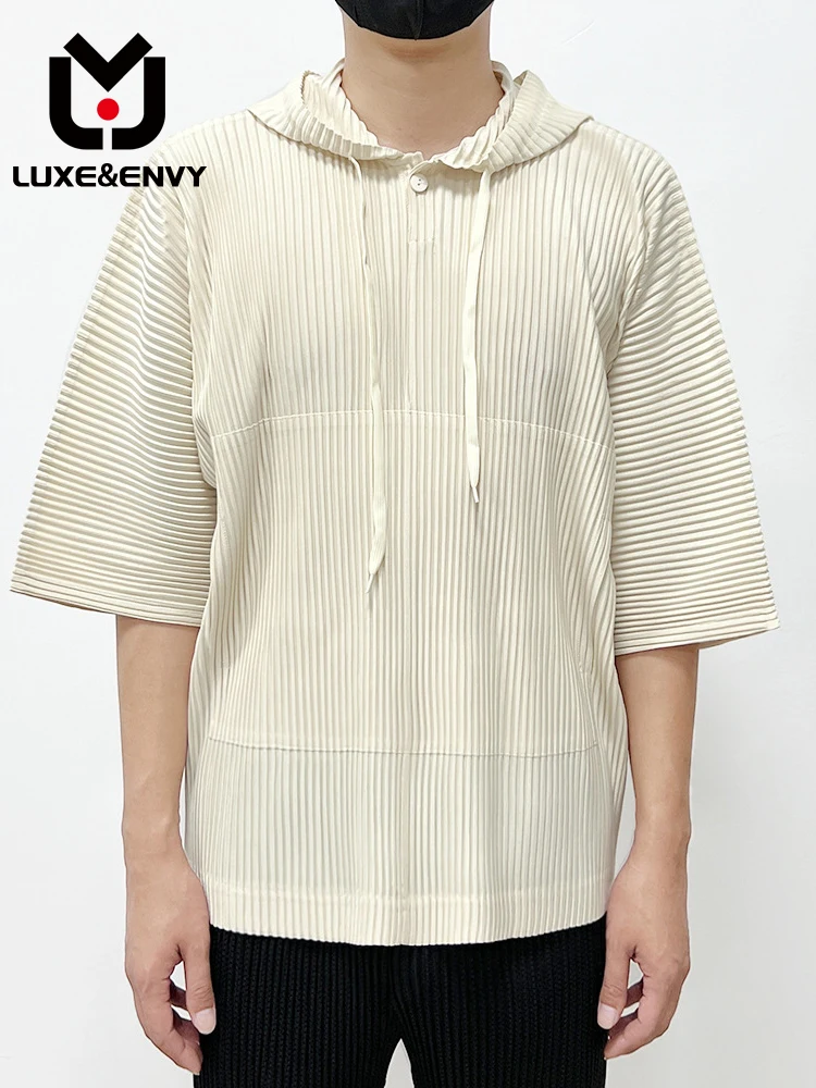 

Мужская плиссированная футболка люкс & ENVY Midian с коротким рукавом, тонкий Свободный Повседневный пуловер с капюшоном, тонкая плиссированная футболка с пряжкой, Новинка лета 2023