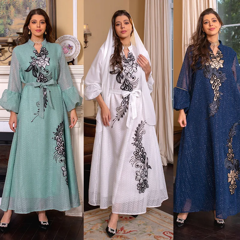 Muslim Kaftan Women's Dress Full Sleeved Floral Printed Loose Turkey Robe Elegant Casual Holiday Abayas Islamic Clothing