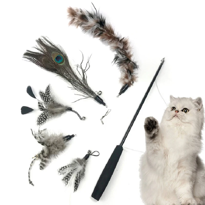 

6pcs Pet Supplies Cat Toy Three-section Telescopic Funny Cat Stick Dark Feather Replacement Head Cat Interactive Toy Feather Toy