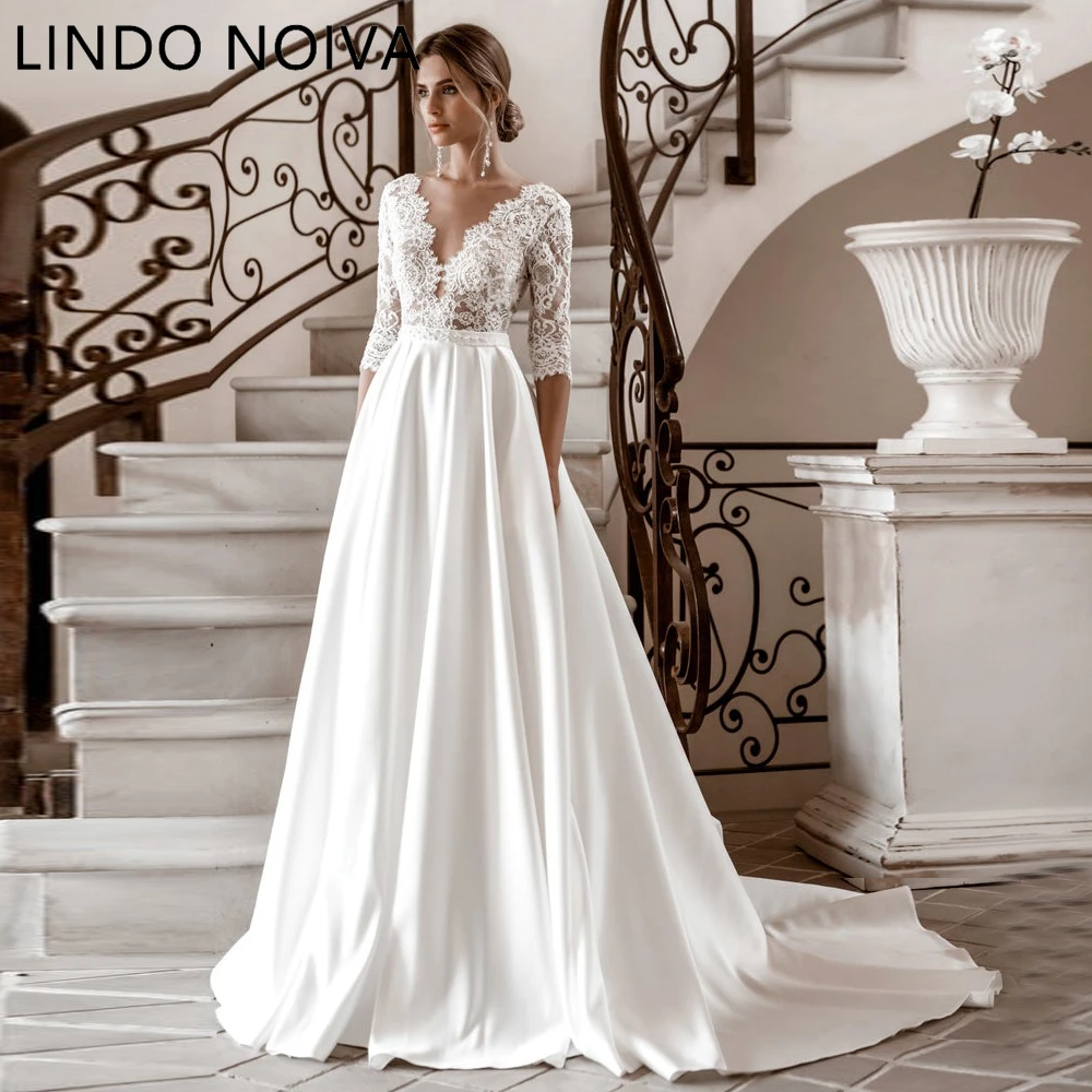 

LINDO NOIVA Elegant 3/4 Sleeves Lace Wedding Dresses V-Neck Satin A-Line 2023 Vestido De Novia Bridal Gown Vintage Simple