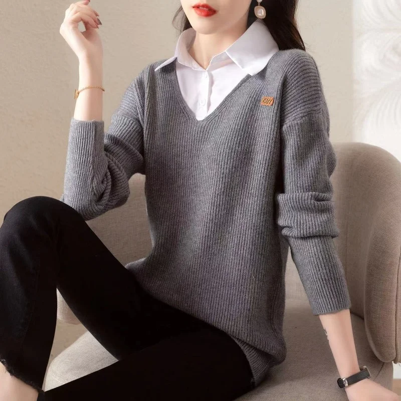 

Женский трикотажный свитер с отложным воротником, Повседневный пуловер из двух предметов с длинным рукавом, весна-осень, E71