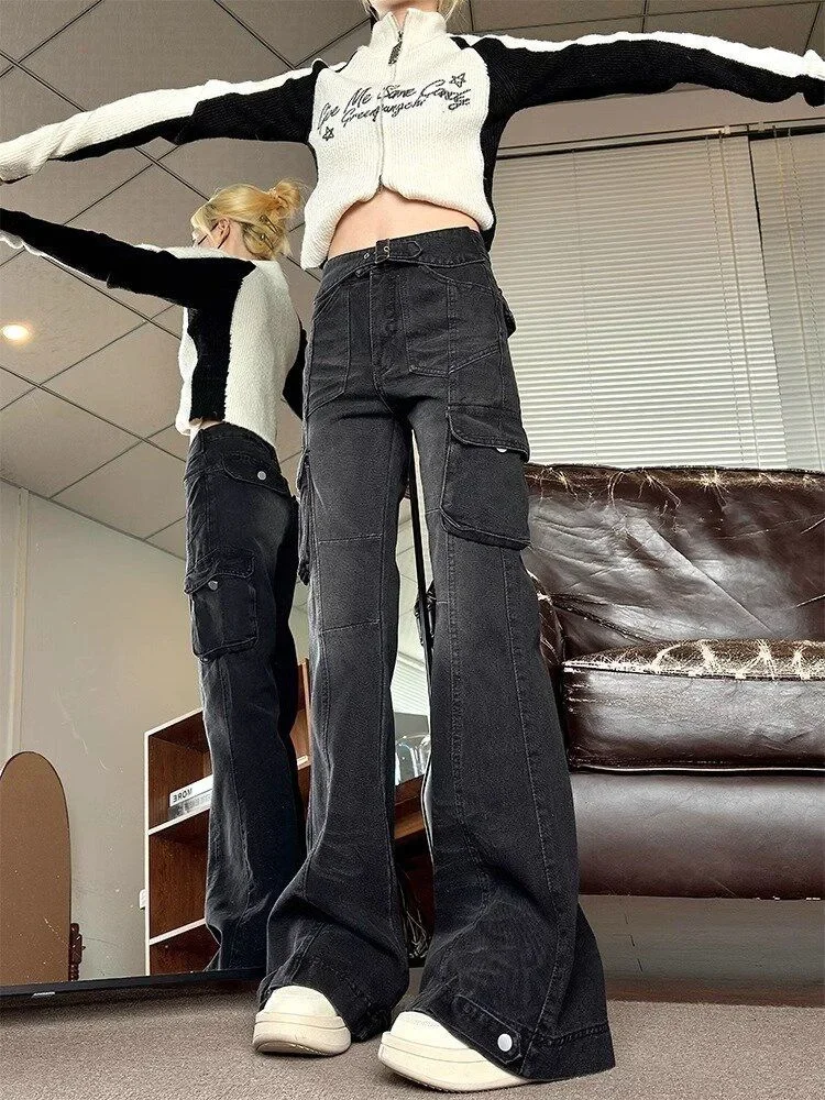 Женские джинсы-карго с множеством карманов в стиле ретро