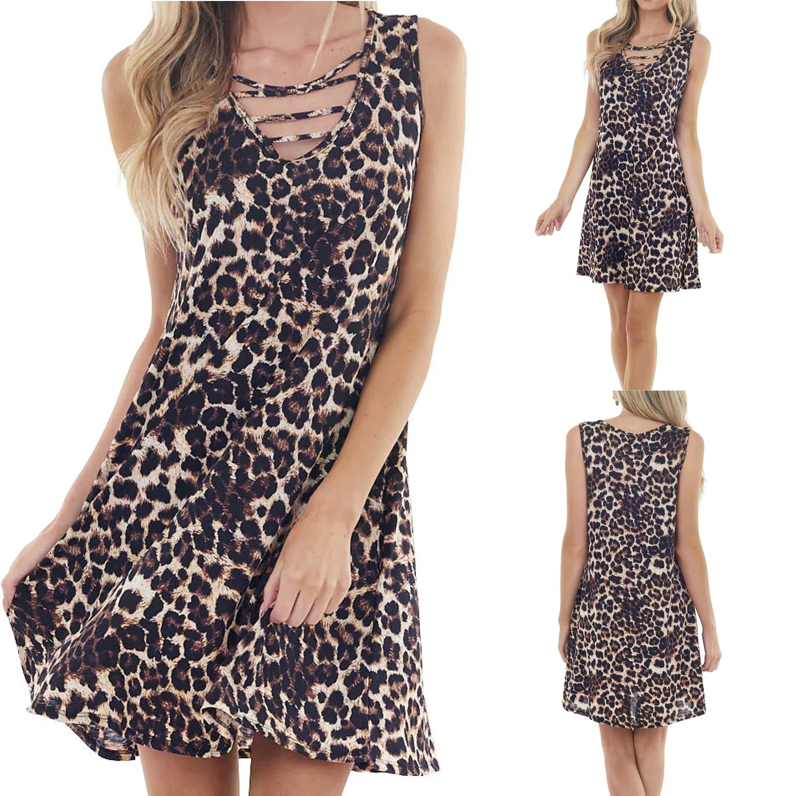 

Grain Vest Loose Womens Leopard Fashion Dresses V-neck Casual Sexy Women's Dress