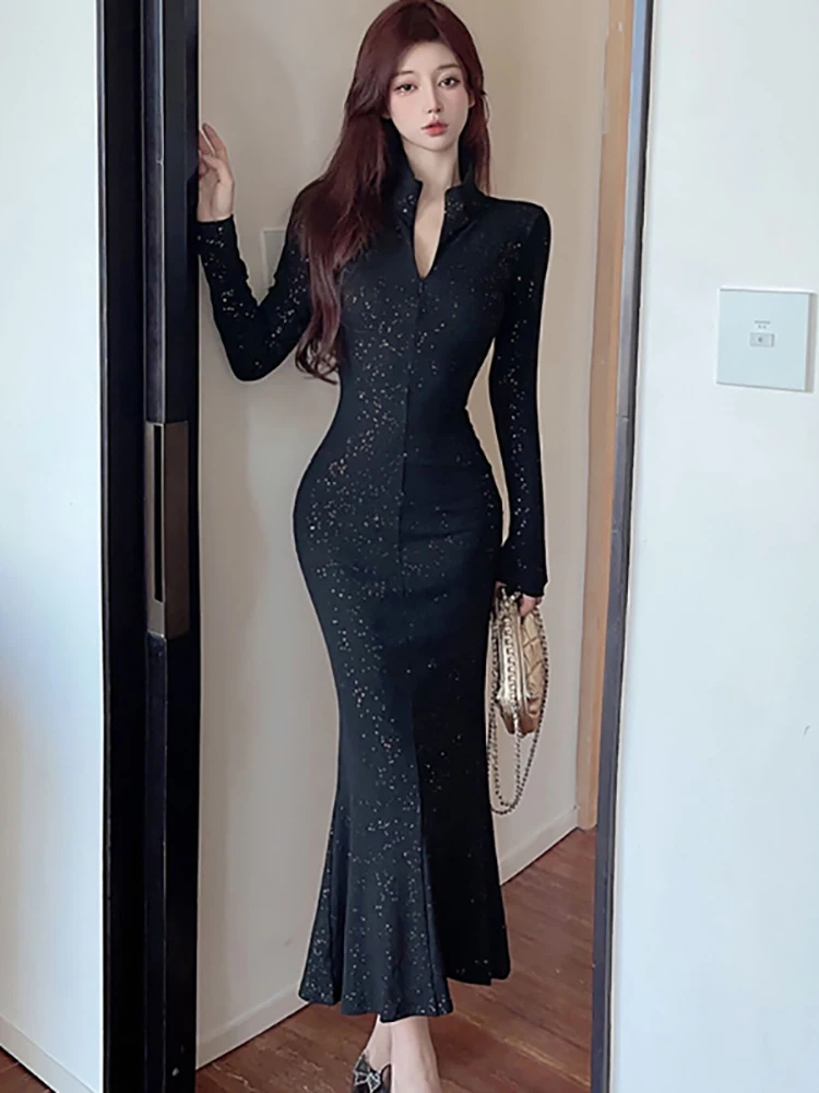 Черное яркое шелковое роскошное платье русалки с длинными рукавами женское