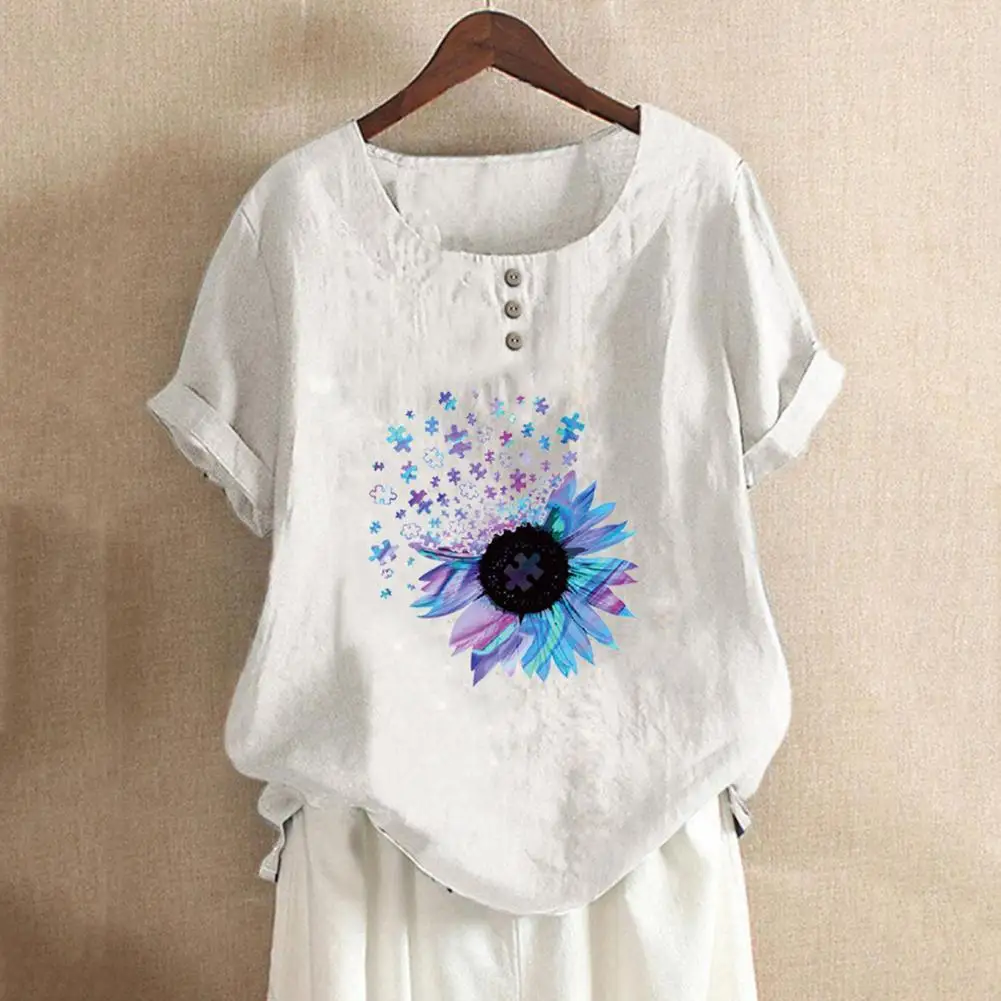 

Stylish Women T-shirt Short Sleeve Long Lasting Women Blouse Machine Washable Floral Pattern Women Top