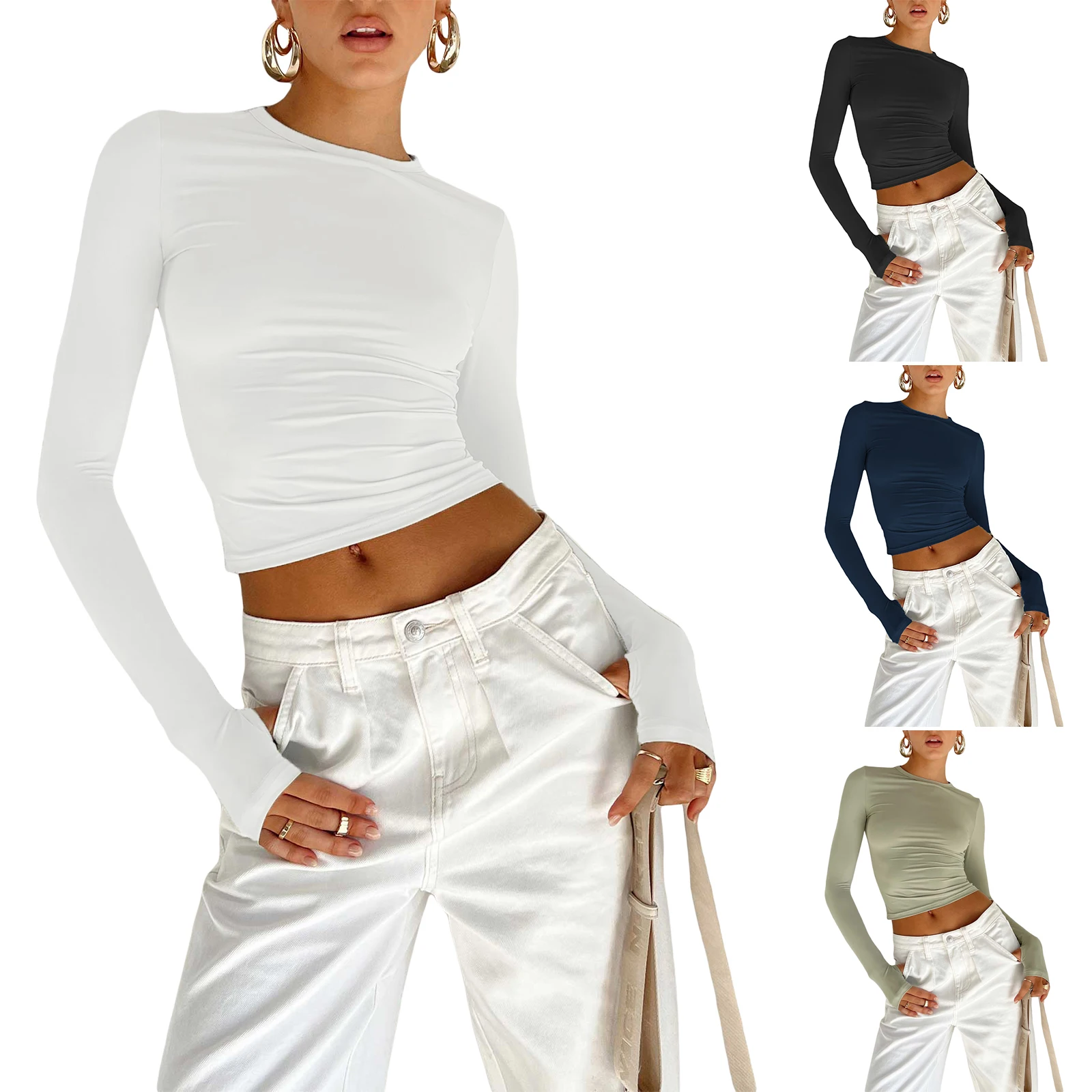 

Women T-shirt Long Sleeve Crew Neck Solid Slim Fit Ladies Crop Top with Thumb Holes for Daily Street 2023 Solid Color T-shirt