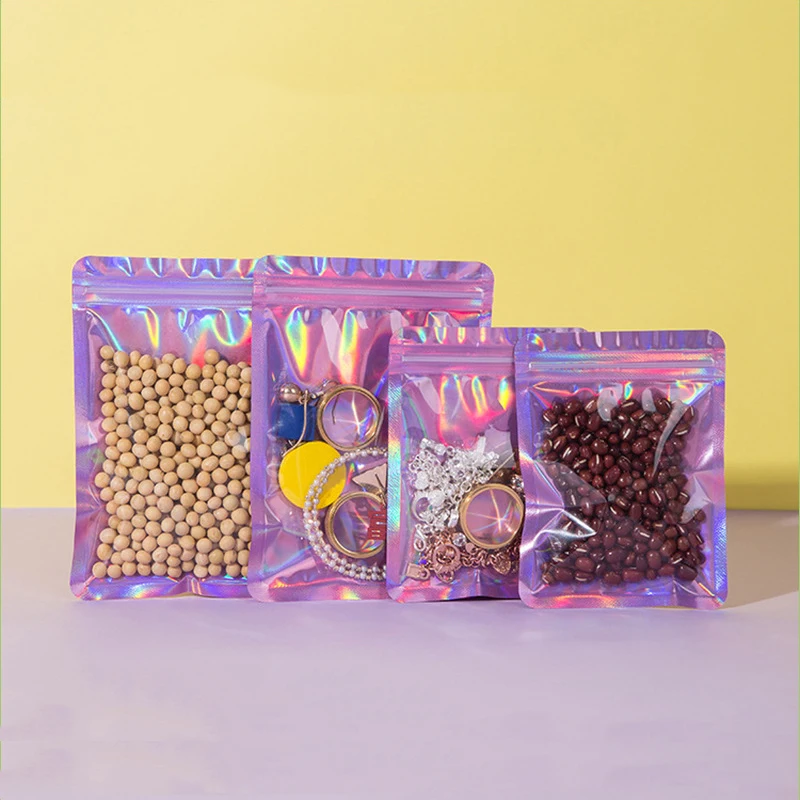 Clear Front Pink Blue Holographic Zip Lock Mylar Bags Jewelry Cosmetics Gift Hologram Aluminum Foil Flat Packaging Pouches