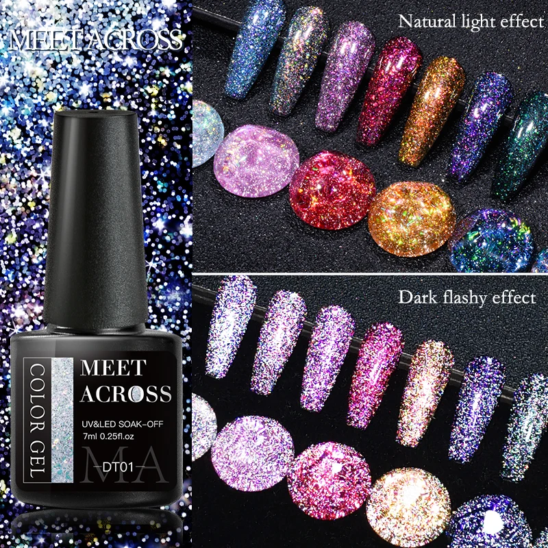 

MEET ACROSS 7ml Reflective Glitter Gel Nail Polish Semi-Permanent Blue Silver Glitter Sequins Nail Gel Soak Off UV Gel Varnish