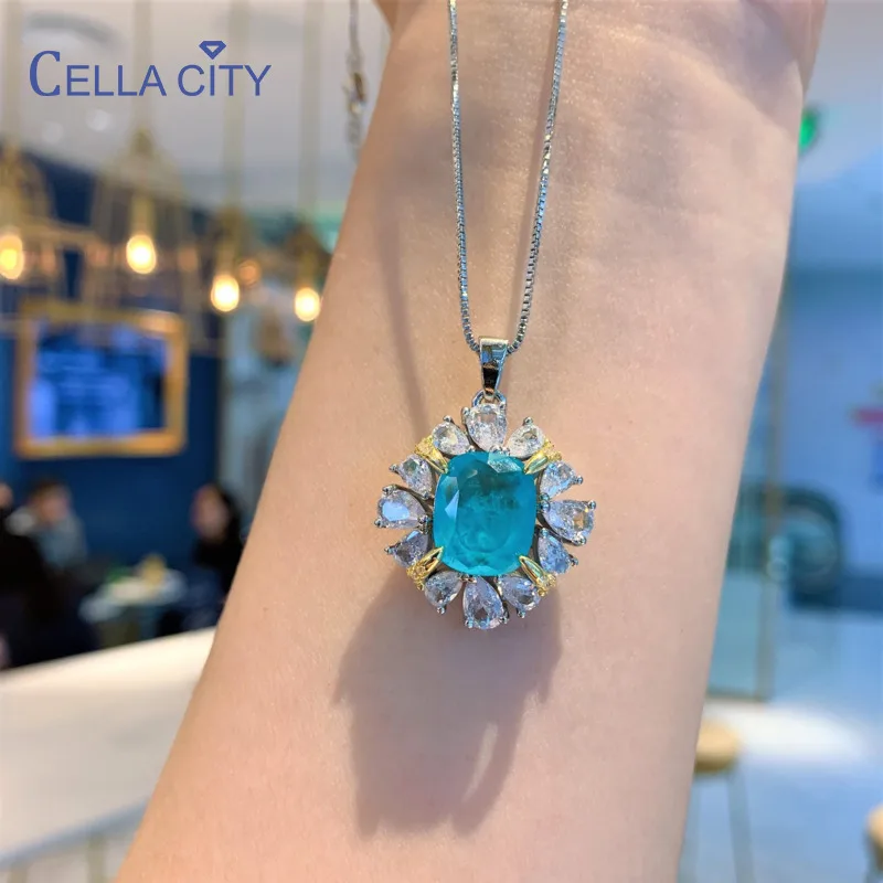 

Cellacity Real 925 Sterling Silver Necklaces For Women With 10*12mm Paraiba Gemstones Pendant Wedding Silver Fine Jewelry Gifts