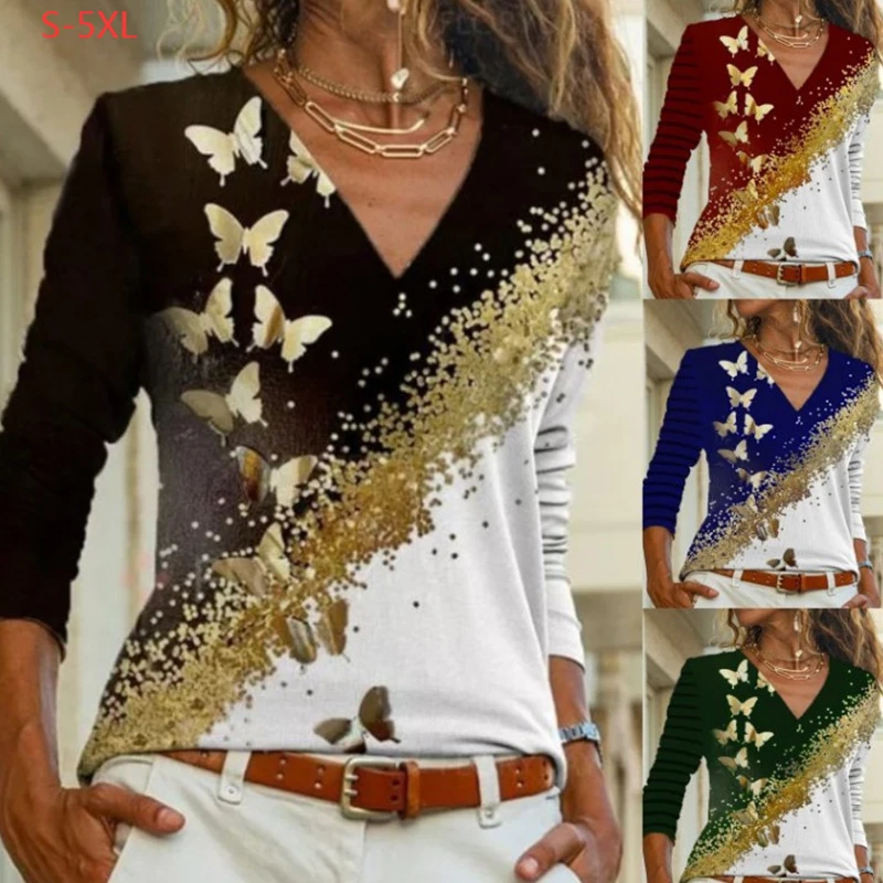 

Autumn Clothes for Women 2022Trending Casual V Neck Long Sleeve Elegant Gold Butterfly Print Tunic Tops Female Tee T Shirt