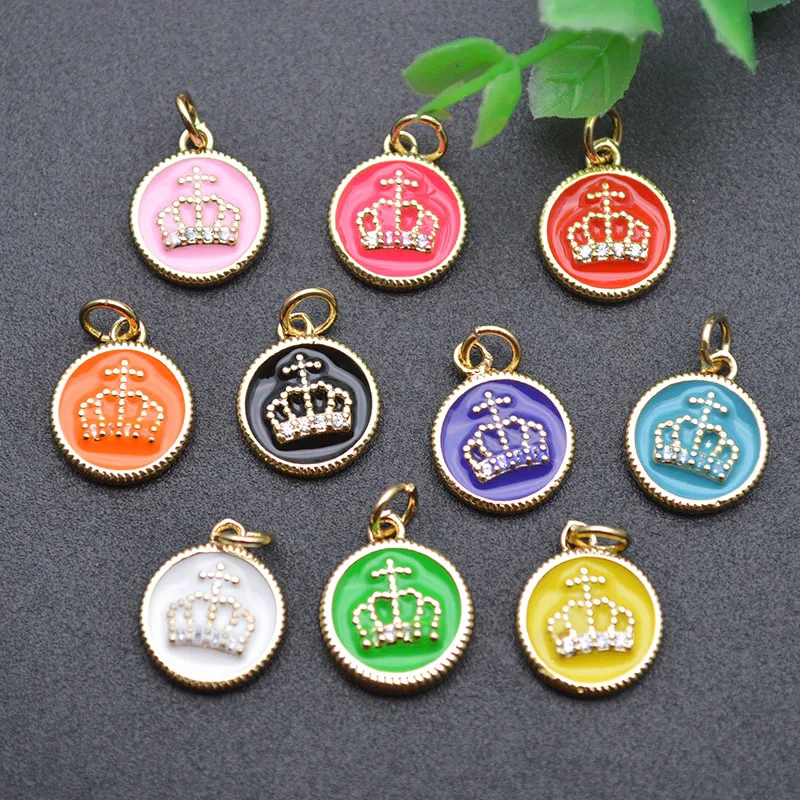 

10pc Multi Bright Color Gold Plated Round Coin Tag Crown Metal Bracelet Charms for Jewelry making